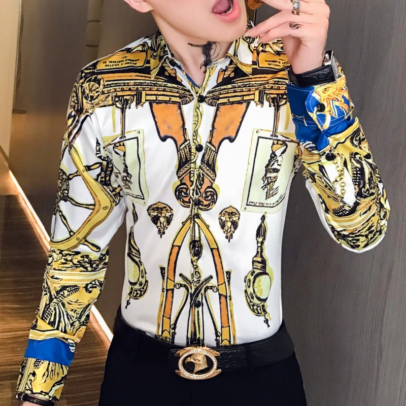 Осенние Рубашки мужские Клубные рубашки дизайны Camisa Social Slim Fit повседневные Роскошные Ropa De Hombre золотые мужские рубашки с принтом