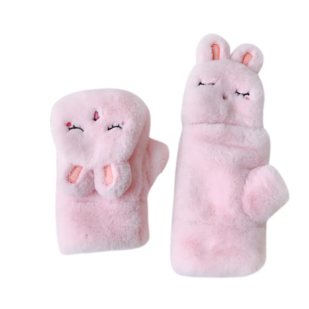 Pink Модные женские зимние милые теплые флисовые утепленные плюшевые перчатки с кроличьими ушками, теплые мягкие кавайные перчатки W1010 - Цвет: Pink
