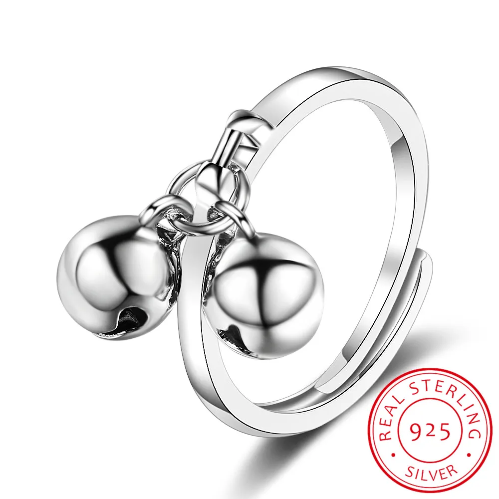 

925 Sterling Silver Fine Jewelry Double Jingling Bell Hanging Adjustable Rings For Women bague anillos de prata