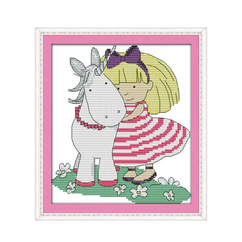 Girl and unicorn horse cross stitch kit 14ct 11ct print canvas stitches embroidery DIY handmade needlework plus | Дом и сад
