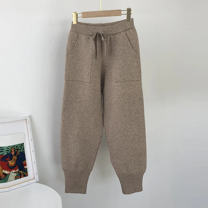 Aachoae 2020 Autumn Winter Knitted Pants Women Elastic Waist Drawstring Trousers Long Pencil Pants With Pockets Ladies Bottoms