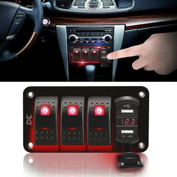 

Car Accessories 4 Gang Toggle Rocker Switch Panel W/ USB 12V / 24V For Car Boat Marine RV Truck Red Double Lights