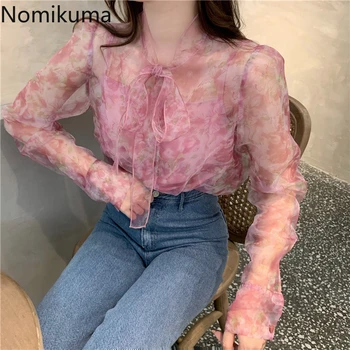 

Nomikuma Korean Fashion Bow Tie Collar Lace Up Full Sleeve Blouse Women Print See Through Elegant Shirts 2020 New Blusas 3a568