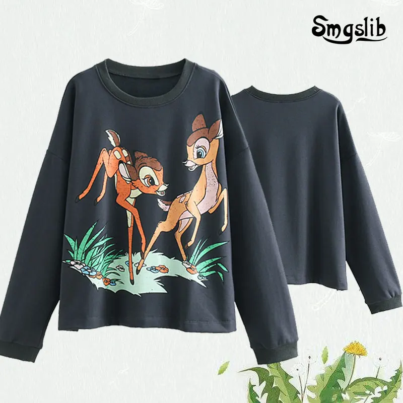 

Women Hoodies With O-neck Animal Fawn Printed Long Sleeve Warm Winter Autumn Casual Ladies Black Jumper Femme Pullover Top 2019