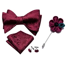 Barry.Wang, мужской галстук-бабочка, красные, самозавязанные банты, Пейсли, бордовый шелковый галстук, набор, карманные Квадратные запонки, бутоньерка для свадебной вечеринки