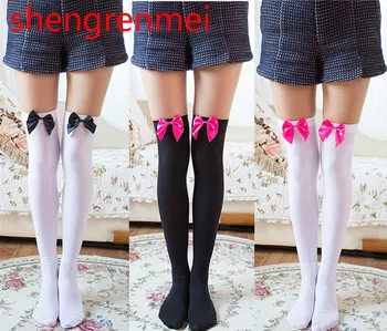 

Shengrenmei Women Bow Lace Stockings 12 Colors for Halloween Costume Fashion Thigh High Over Knee Stocking White Pink Black Red