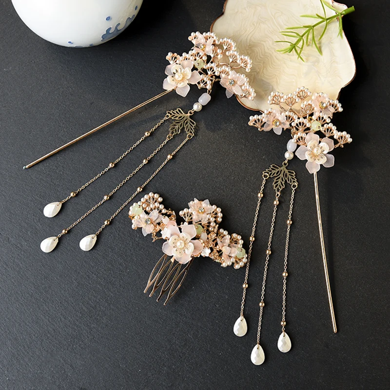 Hanfu Kanzashi, заколка для волос с длинной кисточкой, волшебный древний аксессуар, цветочный гребень, корона для волос, украшения для волос, косплей