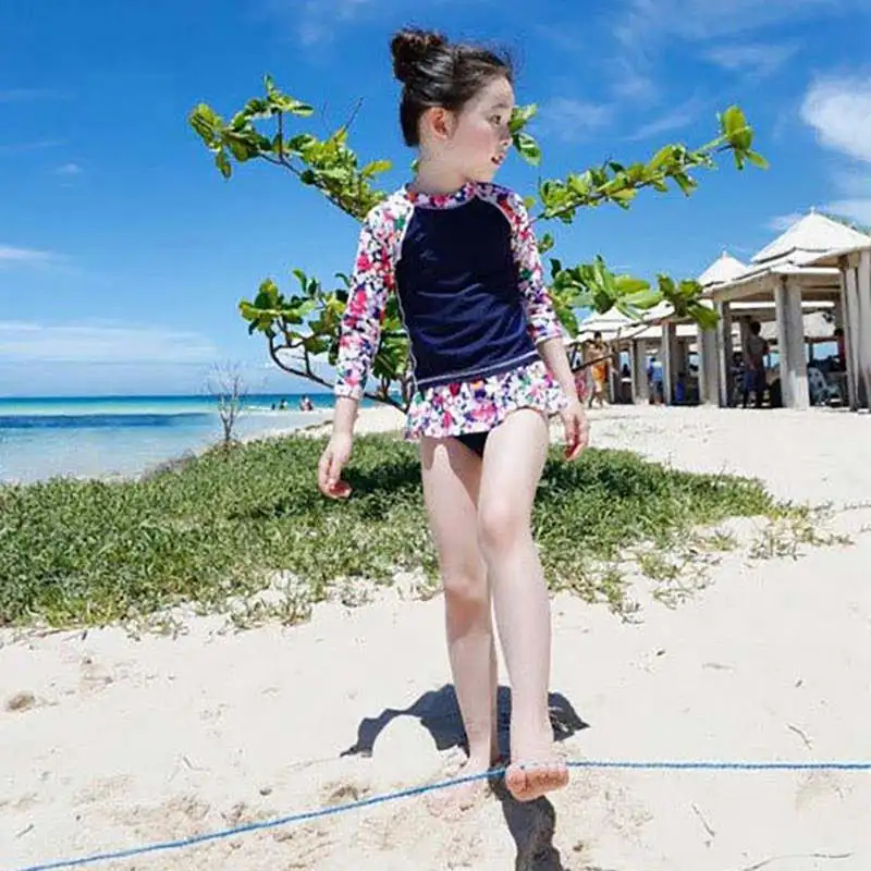 

Baby Girl Swimsuit Two Pieces Kid Long Sleeve Letter Floral Pattern Tops Bottoms Rash Guard Swimwear Sets Accessories New