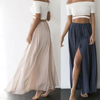 

Casual Women Chiffon Summer Solid Drawstring Jersey Gypsy Long Maxi Full Skirt Beach Sun Dress