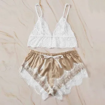 

2020 New Women Bow Sleepwear Sleeveless Strap Nightwear Lace Trim Satin Cami Top Pajama Sets Femme Sexy Lingerie Pyjamas Women