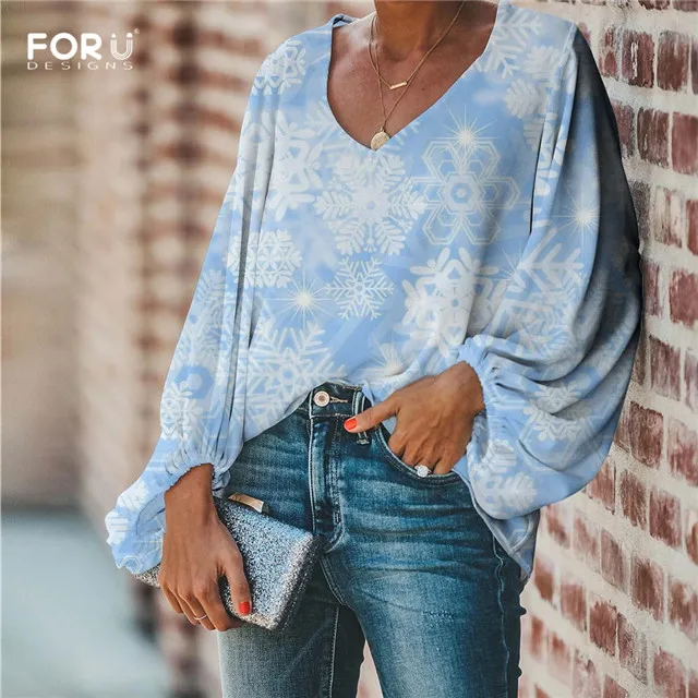 FORUDESIGNS/женские шифоновые блузки с v-образным вырезом, повседневные, с рукавом-шаром, красивые, с принтом снежинки, для девочек, мягкие, вечерние, для улицы, рубашки - Цвет: HML077B2