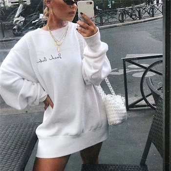 

Autumn Winter Fleece Harajuku White Letter Pullover Thick Loose Women Hoodies Sweatshirt Female Casual Long Sleeve Coat