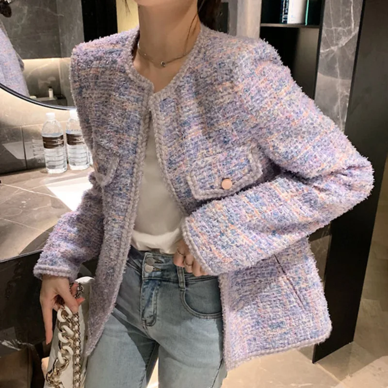 

High Quality 2020 New Autumn Winter Purple Tweed Jacket Coat Women Korean OL Fashion Chic Weave Woolen Outerwear Chaqueta Mujer