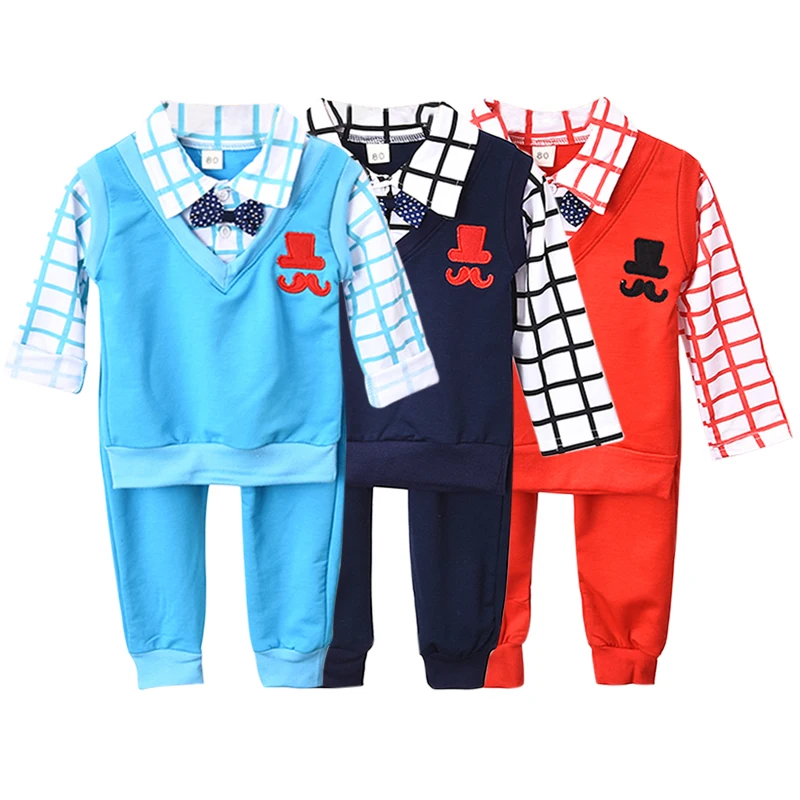 

Autumn Baby Boy Outfits Long Sleeve Plaid Patchwork Design Blouse+Pants Casual Costume Set a