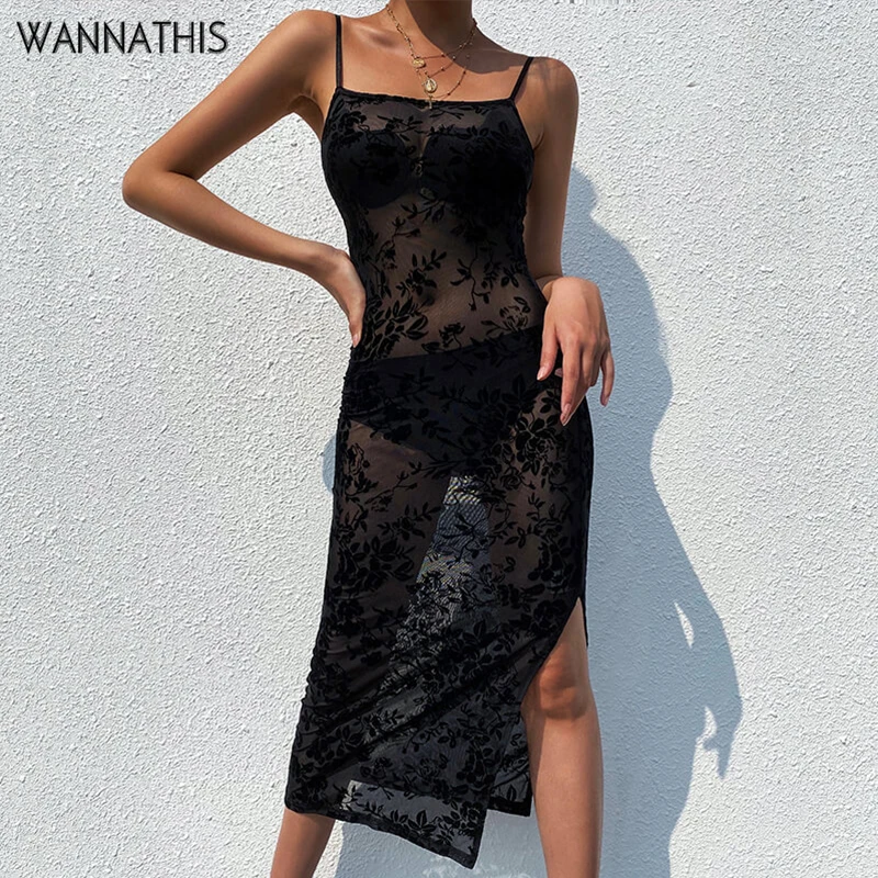WannaThis Knee Mesh Dresses Black Sexy See-through Spaghetti Strap Sleeveless Flower Print Slash Neck Clubwear Party Long Dress