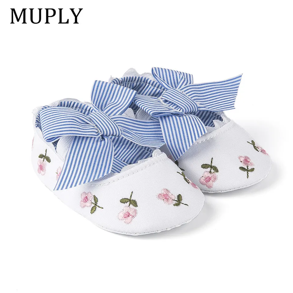 2025 Floral Embroidery Baby Shoes For Newborn Baby Girl Striped Bow First Walker Soft Soles Cute Toddler Anti-Slip Princess Shoe 2
