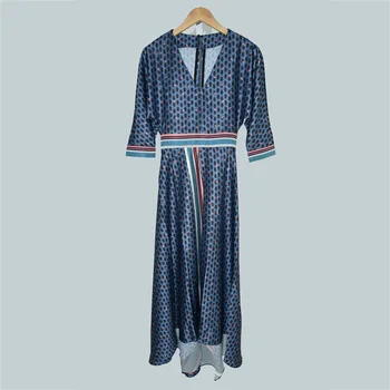 

Women Dress 2019 Geometric Print V-neck Multicolored Color Matching Waist Split Maxi Dress