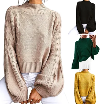 

Autumn Winter Warm Half Turtleneck Sweater Solid Color Argyle Rhombus Sweater Knitted Plain Sweater Women Knitwear Long Sleeve
