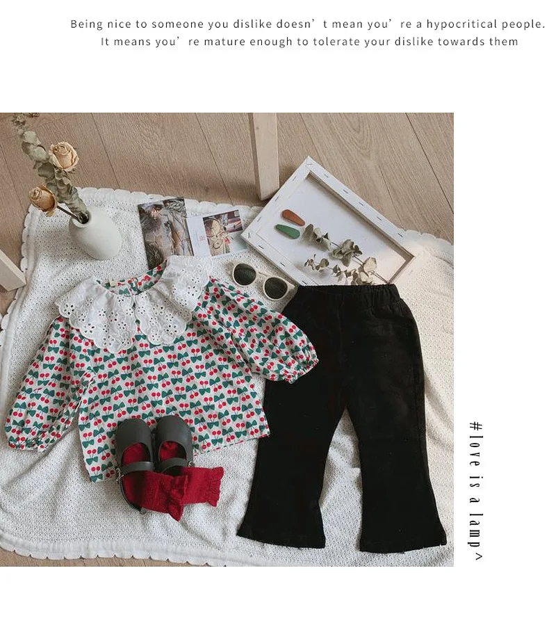 Кружевная рубашка с вишенками для маленьких девочек, детская хлопковая одежда 2019 г., Осенние блузки с большим воротником и вырезами для