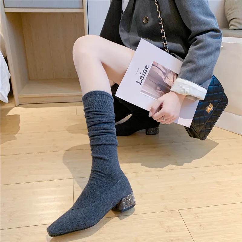 Г. Сапоги выше колена из эластичной ткани женские пикантные высокие сапоги до бедра с квадратным носком Черная женская обувь на высоком каблуке носки 35-39