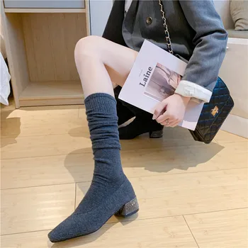

Autumn Female Over The Knee Boots Sexy Square Head Thick Heel Socks Boots Women Light Weight Winter Shoes Woman Rhinestone Botas