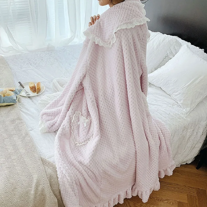 Осенне-зимнее мягкое теплое милое женское плотное Фланелевое платье винтажное платье принцессы с бантом и большим карманом, большие размеры, женское нижнее белье розового/фиолетового цвета