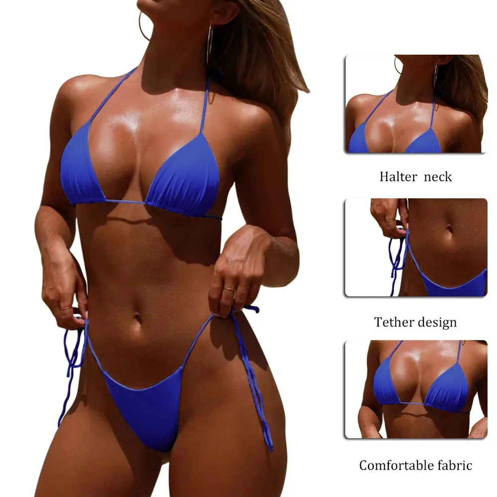 yellow bikini set Sexy Low Waist Bikinis Women Solid Color Bandage Bathing Suit Micro Bikini Push Up Brazilian Swimsuit Summer Swimwear Beachwear push up bikini set