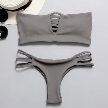 

Women's Sexy Fashion Tube Top Strapless Triangle Split Bikini Swimsuit With Chest Pad Without Steel support
