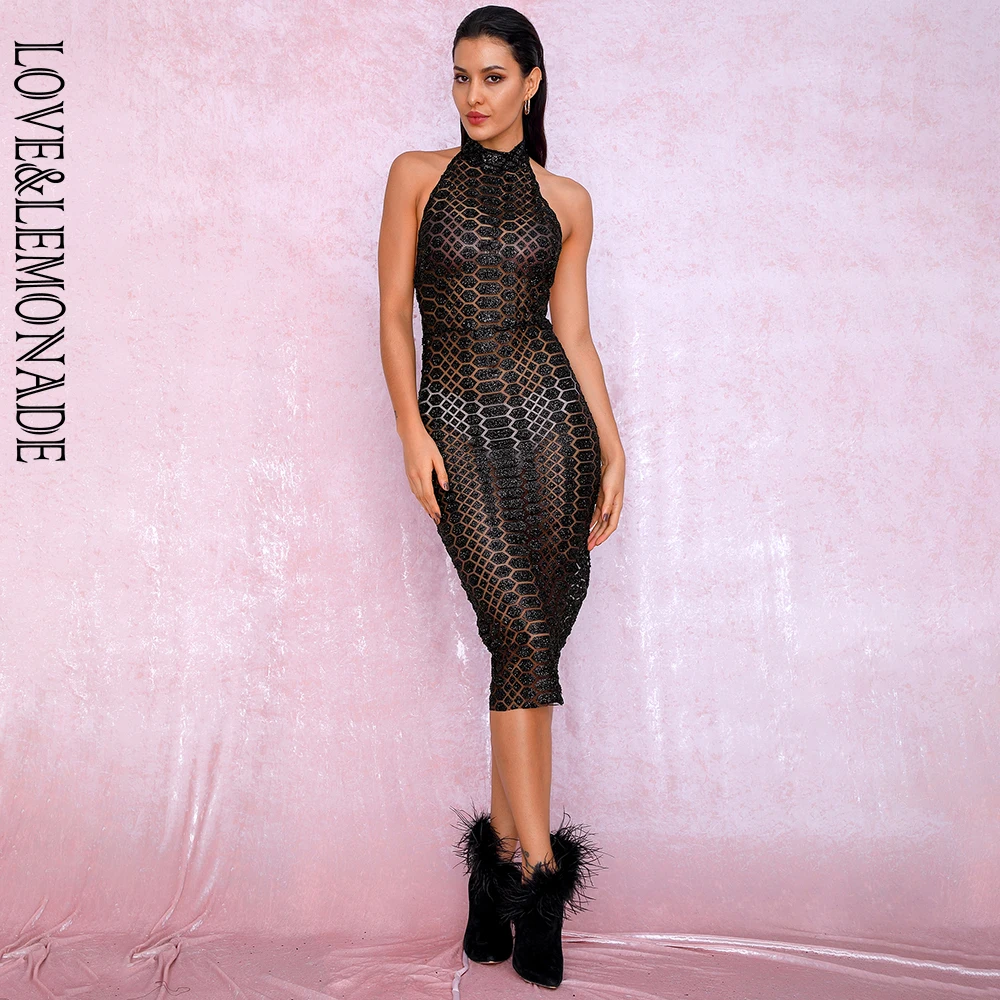 

LOVE&LEMONADE A/W Sexy Black Open Back Halter Perspective Mesh Glitter Glued Material Knee Dress LM82019