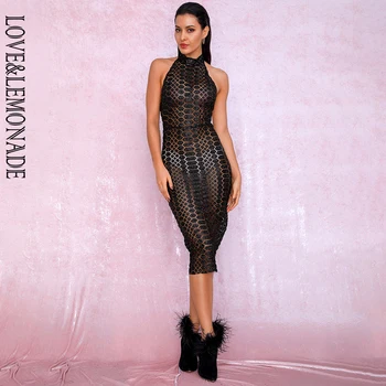

LOVE&LEMONADE A/W Sexy Black Open Back Halter Perspective Mesh Glitter Glued Material Knee Dress LM82019