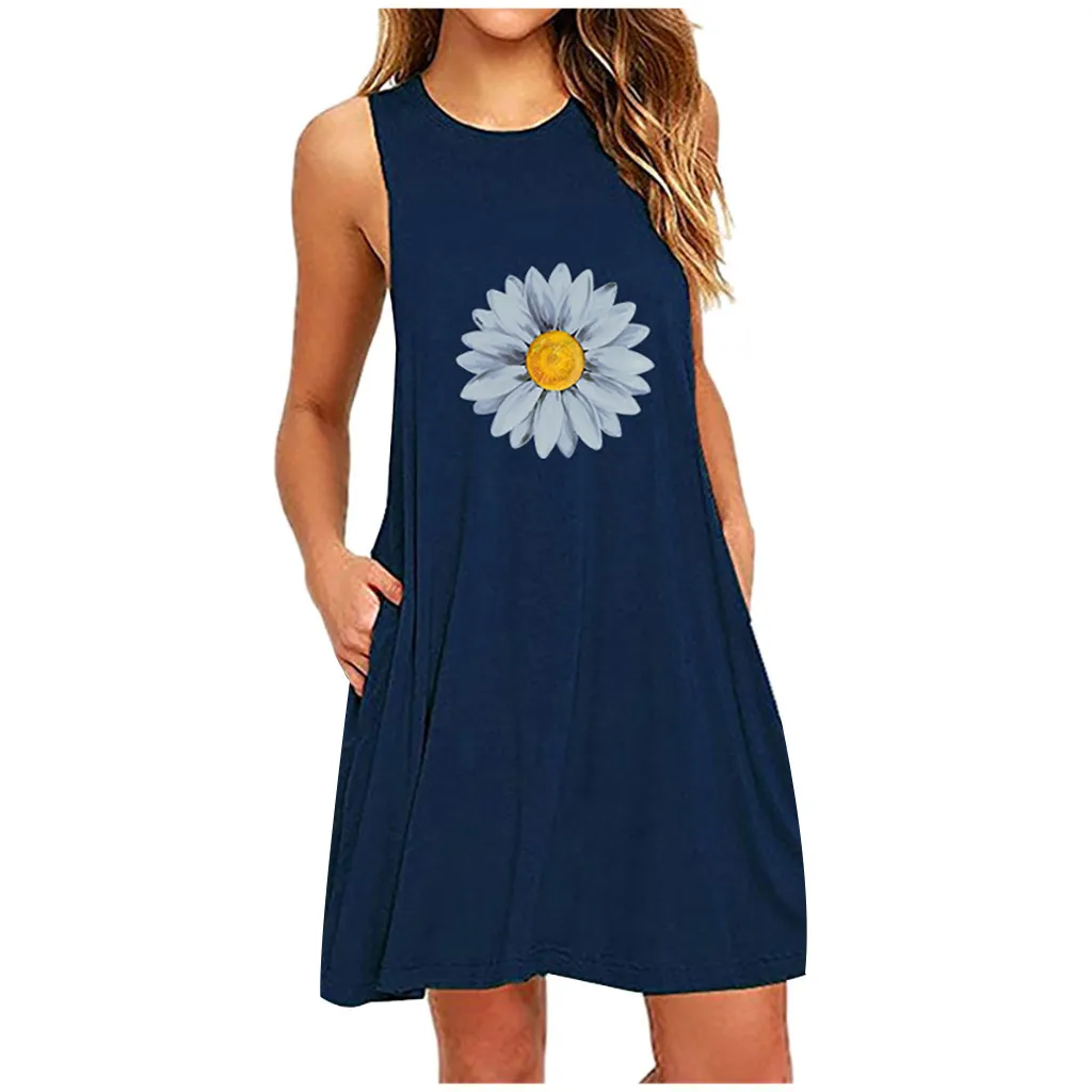 #40 moda mujer Vestidos de verano bolsillo Daisy impresión sin mangas Mini vestido noche informal Vestidos vestido Vestidos