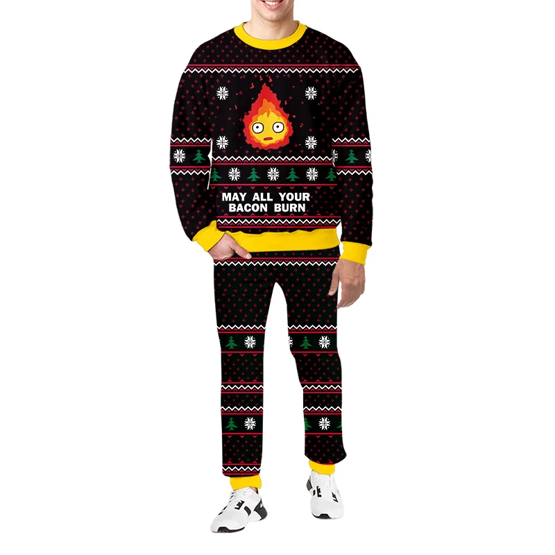 Christmas Sweaters Men's Tracksuit 3D Cartoon Flame Print Kid Pullover Oversize family Jogging Pants Clothes Sets Wholesale 6XL christmas sweaters men s tracksuit chandals xmas sets family outfit 3d printed custom kid s clothes sweatpants jogger dropship