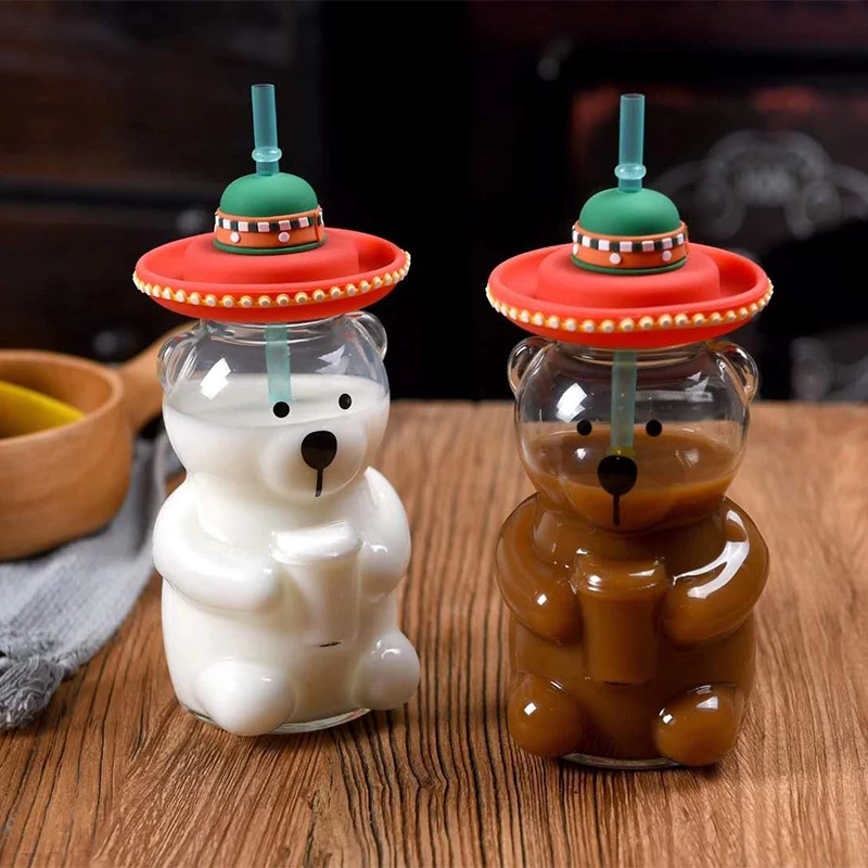 곰 모양 유리 컵 라틴 아메리칸 스타일 곰 차가운 음료 컵, 실리콘 캡 빨대 커피 컵 다이닝 바 음료 용기 물병