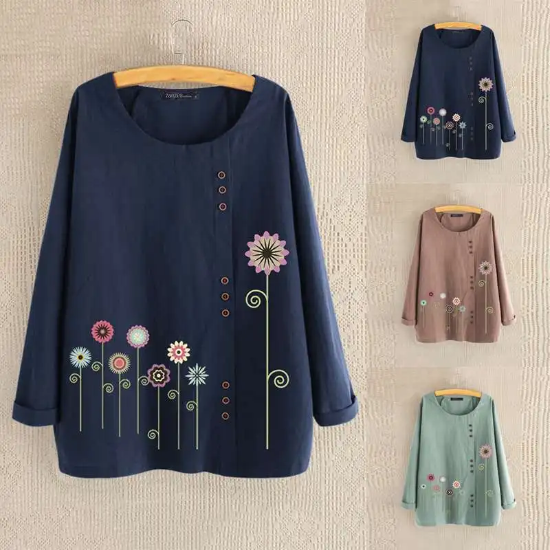 

Fashion 2019 Autumn Women Shirts Female Casual Cotton Linen Blouses Ladies Floral Print Blusas Work Office Tops Tunic Plus Size