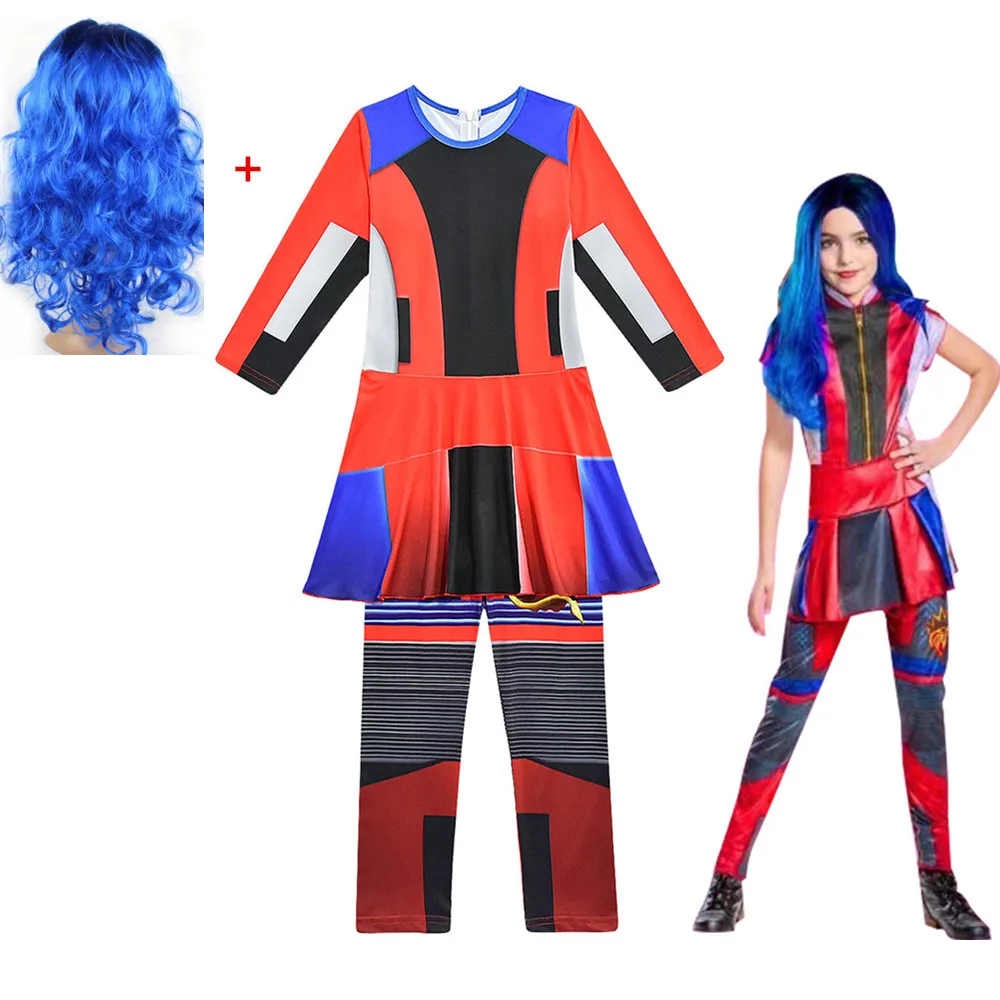 

Child Baby Girls Descendants 3 Cosplay Jumpsuit Set Costume for Kids Girls Snow White Halloween Long sleeved Onesie Red+wig