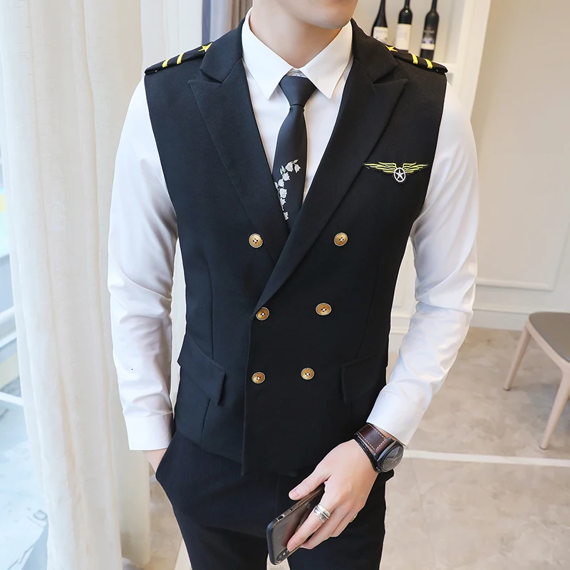 

New Dress Vests For Men Epaulet Air Less Vest Double Breasted Work Uniform Waistcoat Suits Casual Slim Fit Gilet Homme 5XL