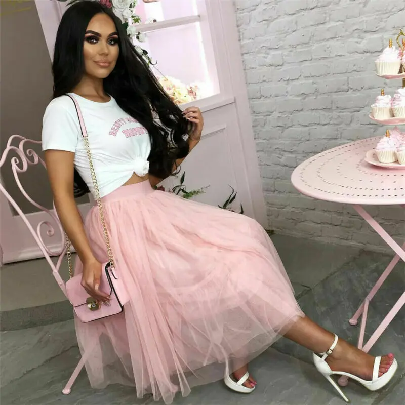 

Fashion 2020 Women Mesh Pleated Skirts High Waist Tulle Skirt Solid Color Long Skirts Elegant Lady Wedding Party Skirts
