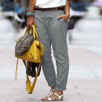 

ZANZEA 2020 Fashion Women's Pants Ladies Casual Elastic Waist Trousers Cotton Solid Side Pocket Button Zipper Pantalones Mujer