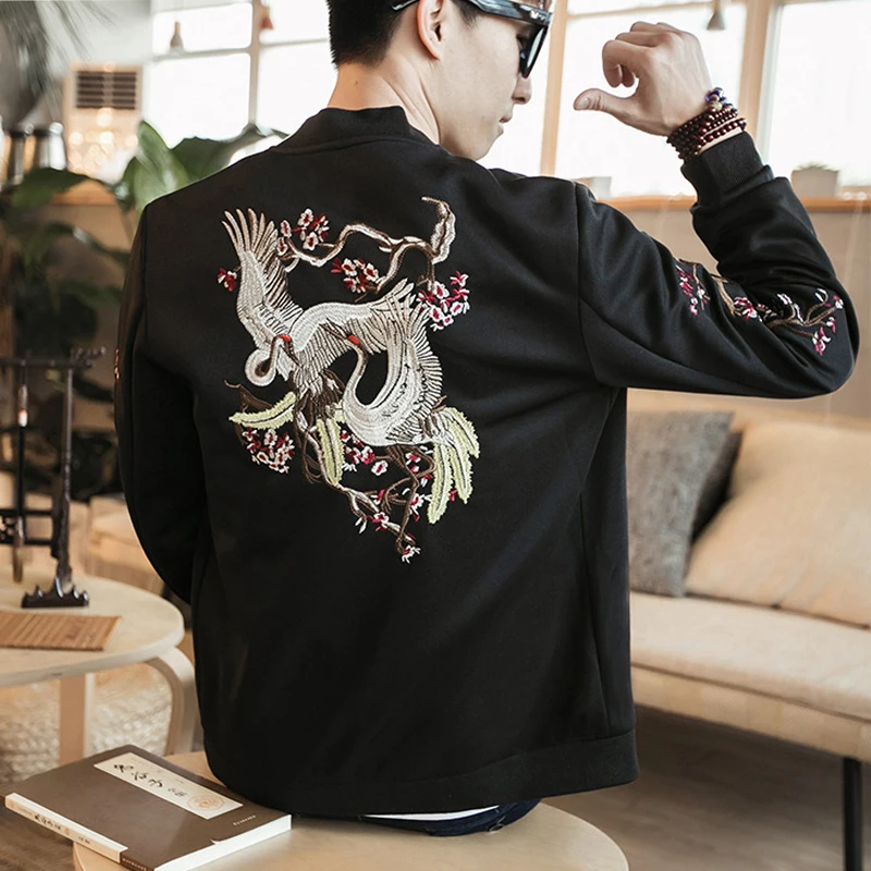 Jacket Coat Black Casual Winter Jacket Men 2018 Chinese Crane Men Jacket Coat Bomber Man Vintage Embroidery 5XL Men