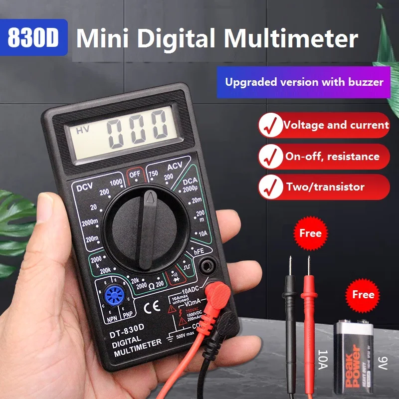 DT830D мини цифровой мультиметр с зуммером амперметр постоянного и переменного