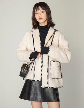 

2019 autumn and winter coat faux fur coat short section small fragrance coat women v neck long sleeve black jacket women