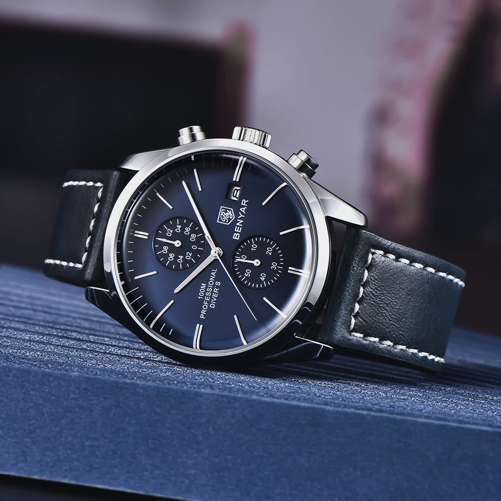 2021 BENYAR New Sports Watch for Men Top Brand Leather Waterproof Chronograph Men Military Men Quartz Wristwatches reloj hombre