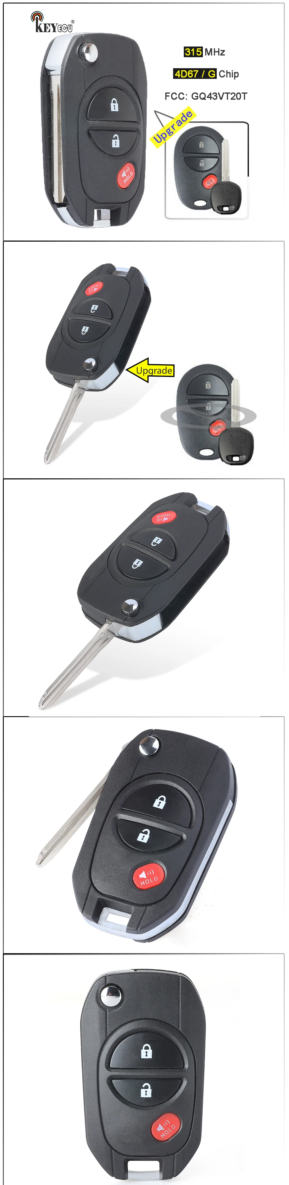 Keyforkess 315MHz 4D67 / G Chip Upgraded aggiornato Flip 3 pulsante telecomando portachiavi per Toyota Sienna Highlander Tacoma Sequoia Tundra - H11a38d6d21e848deab3973f09fafc52cL