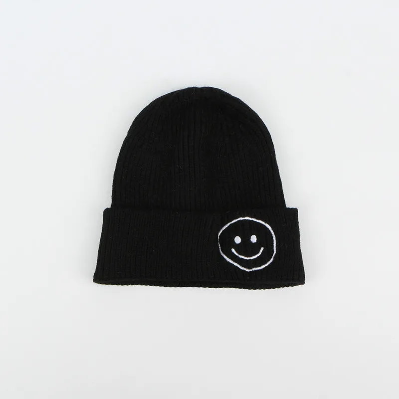 Children Candy Color Hat Winter Kids Knitted Hat Smile Face Solid Cap Ear Flap Beanie Crochet Baby Boys Clothes Girls Warm Hats - Цвет: black