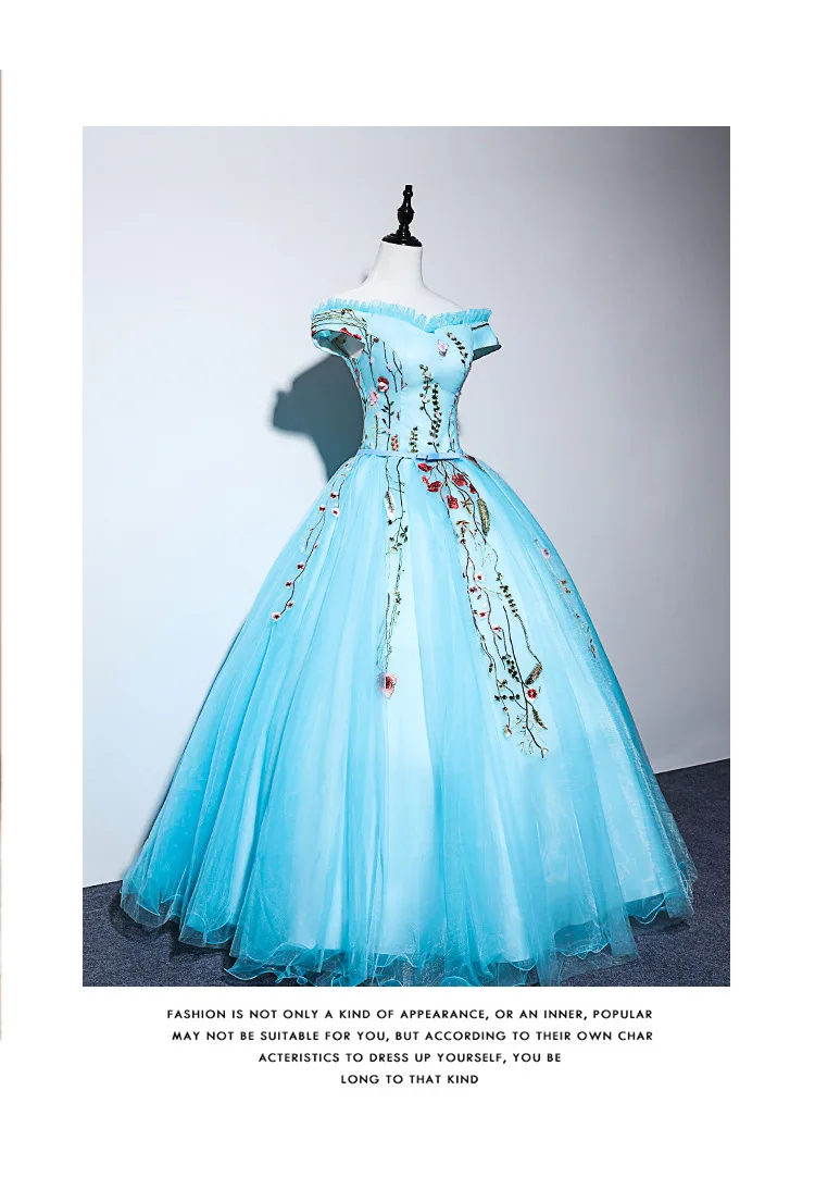 Голубое праздничное платье бальное платье с открытыми плечами с v-образным вырезом аппликация Принцесса Кружева развертки поезд Бальные платья кьоле