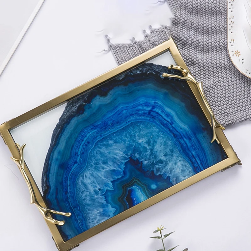 European Blue Agate Stone Pattern Rectangular Tray Decoration Home Living Room Coffee Table Storage Bed Decorations