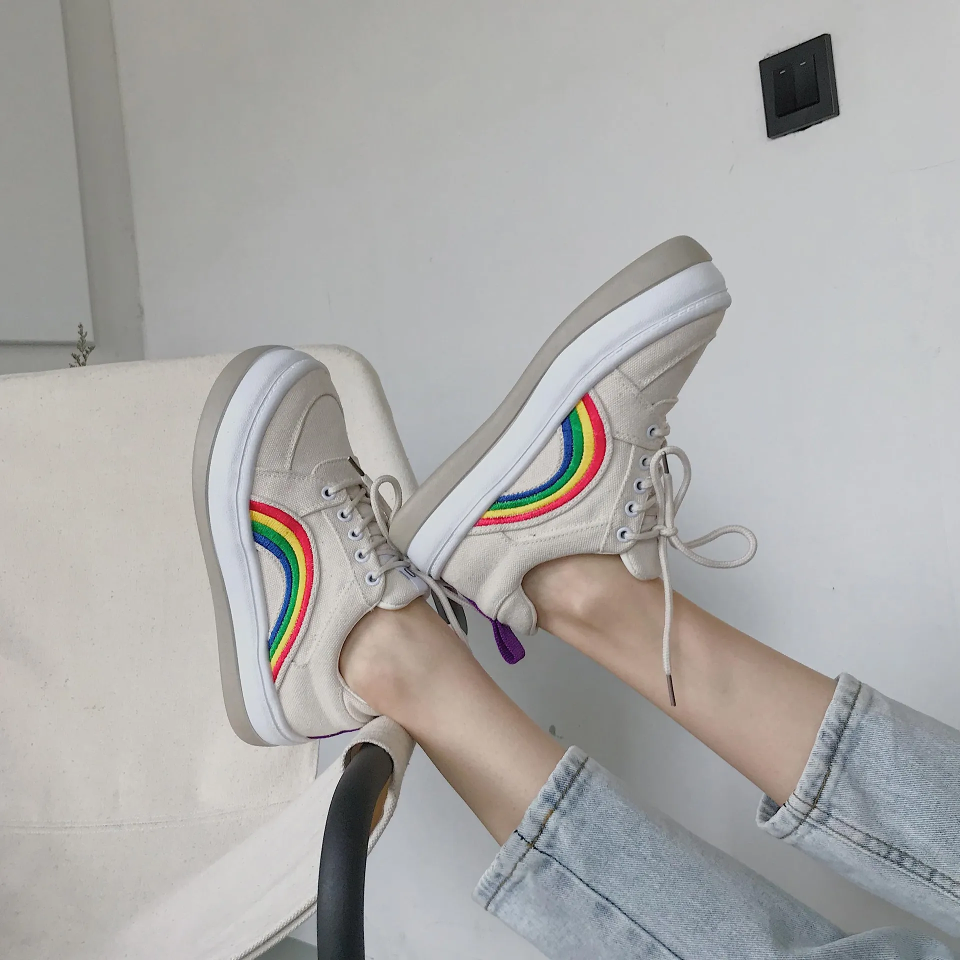

Knock Beauty Tired! Rainbow Shoes 2019 New Style Summer Korean-style Versatile Canvas Shoes Women's Low Top Harajuku Flat White