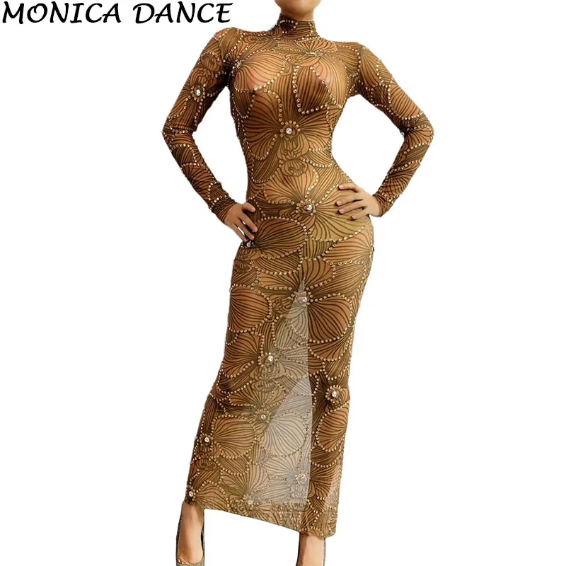 

Sexy Stage Prom Celebrity Party Dresses Sparkly Rhinestones Mesh Transparent Bodycon Dress Women Crystals Singer Stage Dress