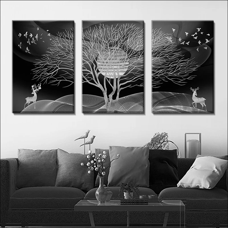 

Modern Black-and-white Style Simple Decorative Painting, Big Tree Poster, Bright Moon Canvas Painting, Elk Mural, Printed on C
