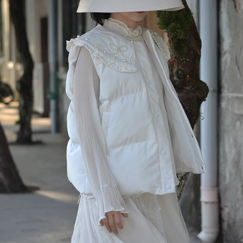 white GCC3023 Бисер с бантом, для куклы воротник Для женщин жилет модные милые толстые теплые пальто без рукавов белая Осенняя Зимняя одежда Для женщин GCC3023 - Цвет: white GCC3023